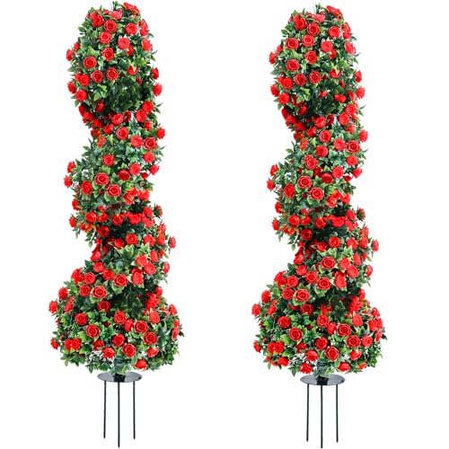 PATIO CHOICE 3ft Artificial Topiary Spiral Trees with Rose Set of 2 36" High End Outdoor Faux Plants Realistic Faux Bushes and Shrubs Decorations for Outdoor Front Porch Garden - Image 1