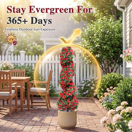 PATIO CHOICE 3ft Artificial Topiary Spiral Trees with Rose Set of 2 36" High End Outdoor Faux Plants Realistic Faux Bushes and Shrubs Decorations for Outdoor Front Porch Garden - Image 5