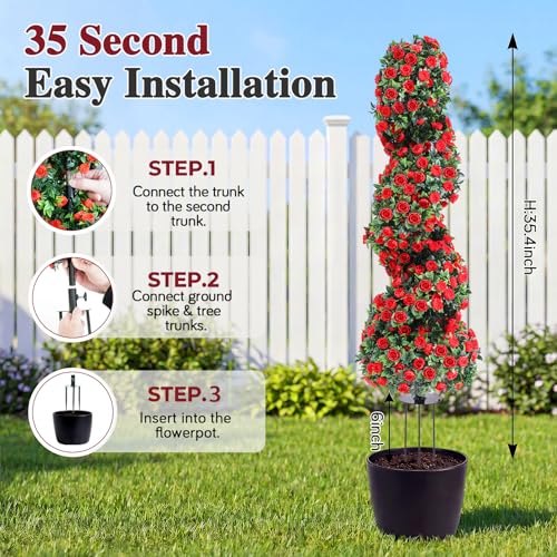PATIO CHOICE 3ft Artificial Topiary Spiral Trees with Rose Set of 2 36" High End Outdoor Faux Plants Realistic Faux Bushes and Shrubs Decorations for Outdoor Front Porch Garden - Image 3