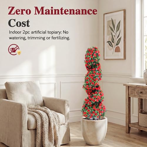 PATIO CHOICE 3ft Artificial Topiary Spiral Trees with Rose Set of 2 36" High End Outdoor Faux Plants Realistic Faux Bushes and Shrubs Decorations for Outdoor Front Porch Garden - Image 4