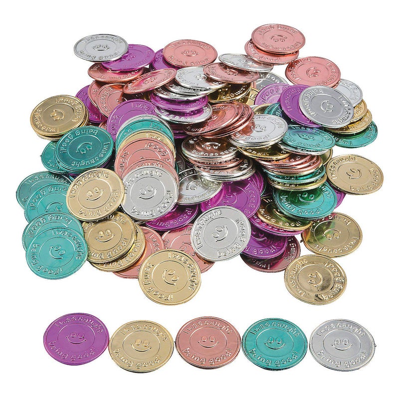 Fun Express Caught Being Good Coins - Bulk Set of 144 Tokens - Classroom Behavior Incentives and Teacher Handout Rewards