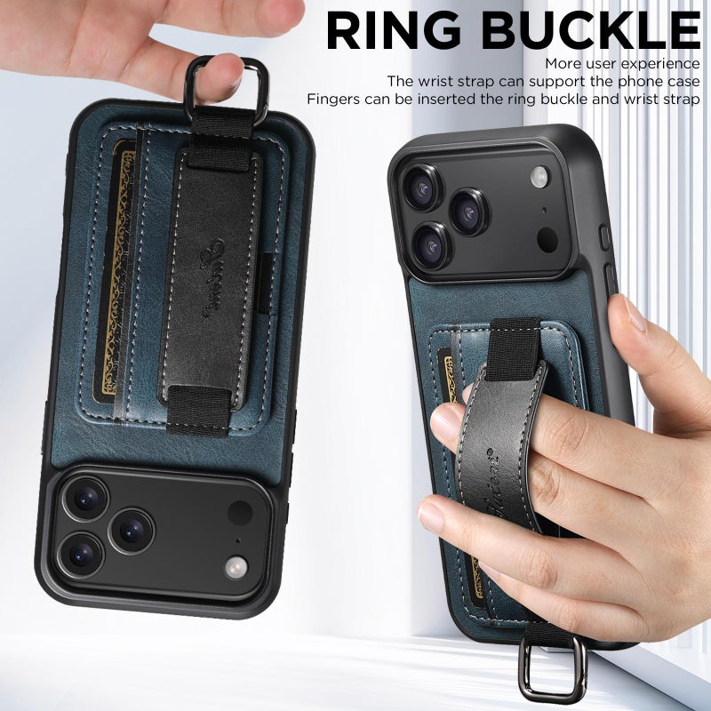 Suteni For Iphone 17 Pro Max H13 Card Wallet Wrist Strap Holder Pu Phone Case(Blue) - Image 4