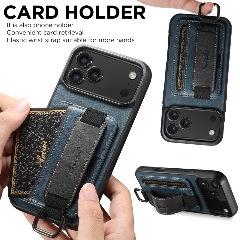 Suteni For Iphone 17 Pro Max H13 Card Wallet Wrist Strap Holder Pu Phone Case(Blue) - Image 3