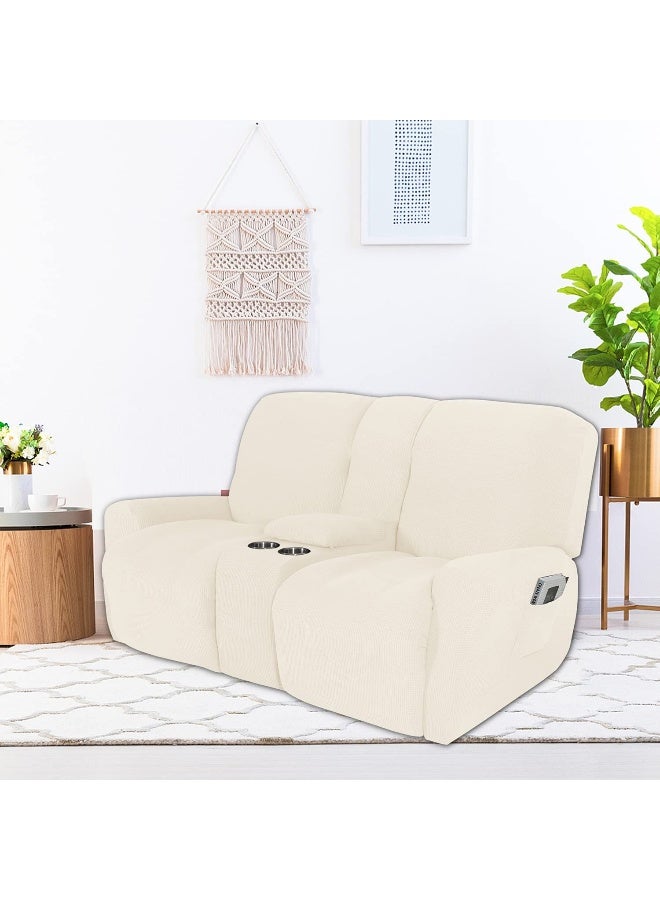 NILUOH NILUOH Reclining Loveseat with Console Slipcover 8Piece Stretch Jacquard Recliner Cover 2 seat Loveseat Recliner Sofa Cover Non Slip Recliner Couch Cover with Storage Pocket Beige  - Image 2