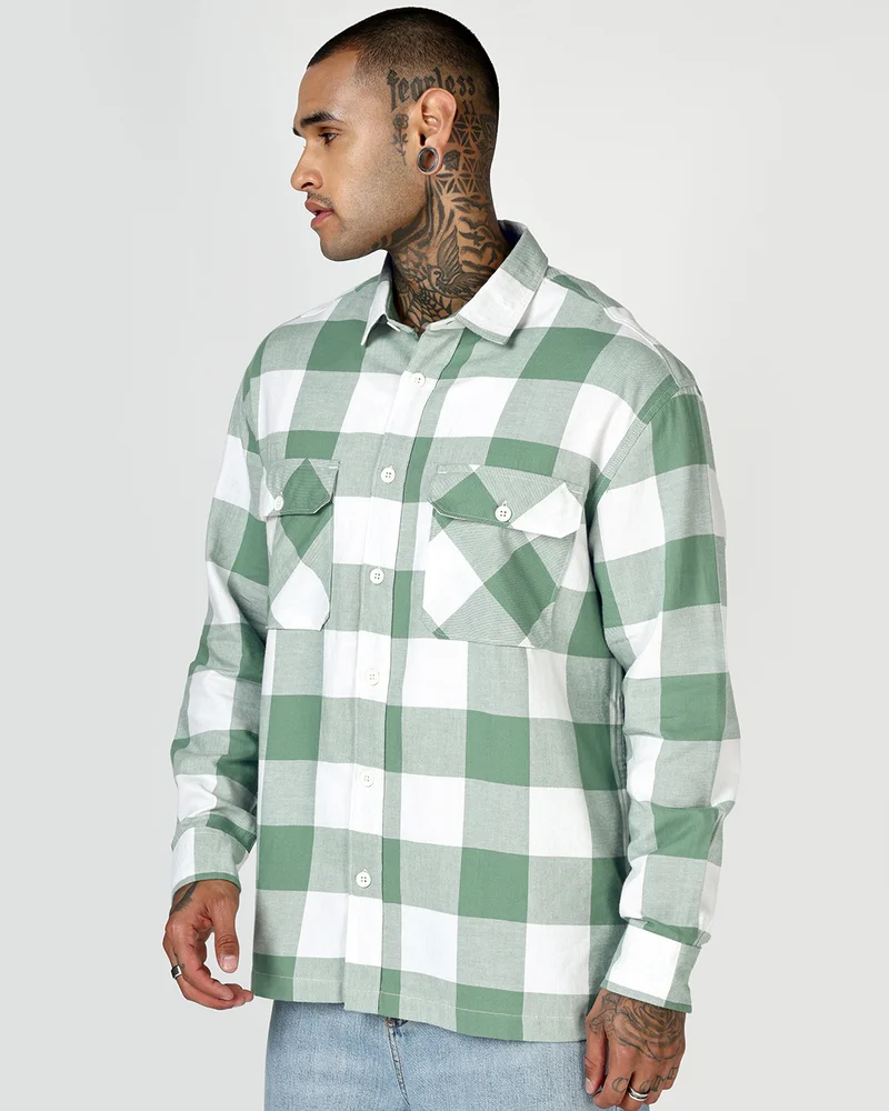 bewakoof Men's White & Green Checked Oversized Shirt