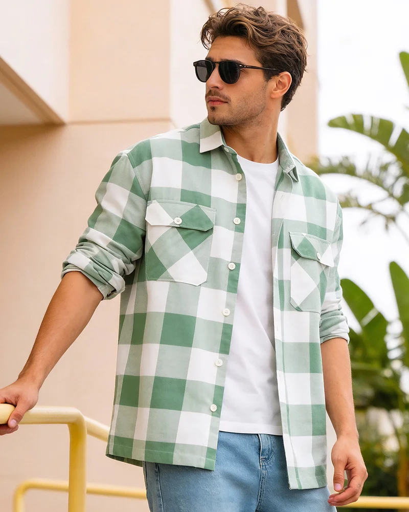 bewakoof Men's White & Green Checked Oversized Shirt