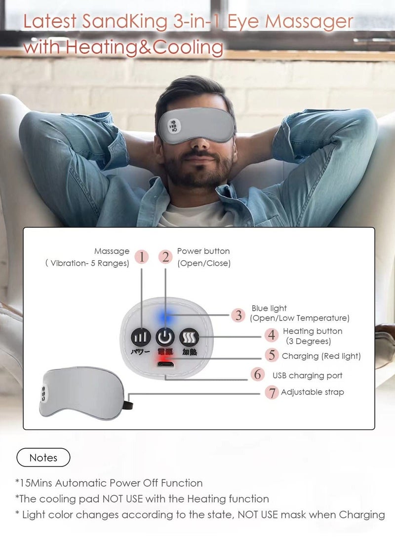 Wireless Heated Eye Massager with Cooling Eye Pad 3 in 1 Vibrating Heating Sleeping Mask Comfortable and breathable Three Modes Electric Eye Mask for Dry Eyes Travel Stress Relief Grey - Image 3