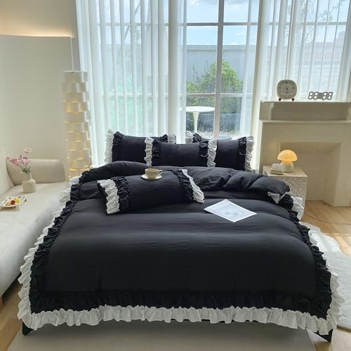 SOUKECHY Shabby Chic 3 Pieces BeddingVintage Ruffled Queen Duvet Cover Set with 2 Layers RufflesSoft Brushed Microfiber Set with Zipper ClosureLightweight Duvet Cover SetBlackQueen - Image 3