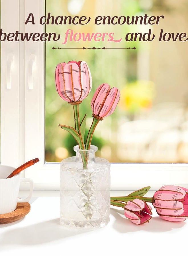 RoWood Wooden Flower,3D Puzzles for Adults,Artifical Flower Botanical Collection Building Kit,Mother's Day/Valentine's Day/Christmas Gift-Pink Tulip, Pink, 2 Years 3X-Narrow Little Kid - Image 4