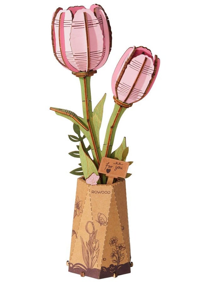 RoWood Wooden Flower,3D Puzzles for Adults,Artifical Flower Botanical Collection Building Kit,Mother's Day/Valentine's Day/Christmas Gift-Pink Tulip, Pink, 2 Years 3X-Narrow Little Kid - Image 1