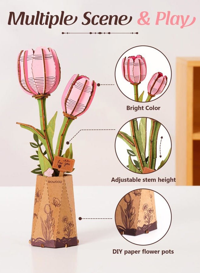 RoWood Wooden Flower,3D Puzzles for Adults,Artifical Flower Botanical Collection Building Kit,Mother's Day/Valentine's Day/Christmas Gift-Pink Tulip, Pink, 2 Years 3X-Narrow Little Kid - Image 5