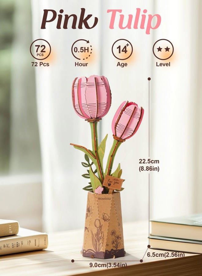 RoWood Wooden Flower,3D Puzzles for Adults,Artifical Flower Botanical Collection Building Kit,Mother's Day/Valentine's Day/Christmas Gift-Pink Tulip, Pink, 2 Years 3X-Narrow Little Kid - Image 3