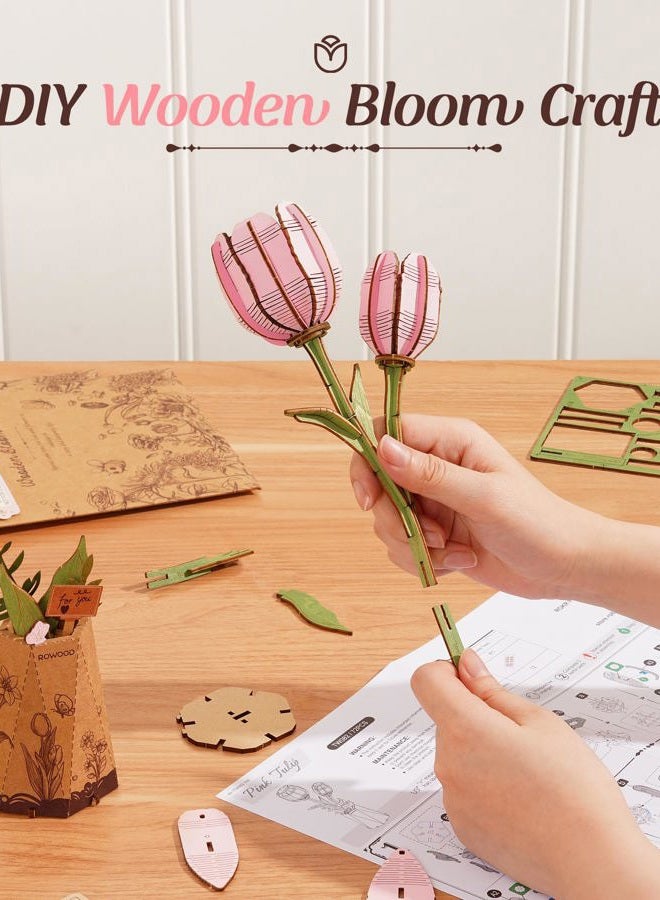 RoWood Wooden Flower,3D Puzzles for Adults,Artifical Flower Botanical Collection Building Kit,Mother's Day/Valentine's Day/Christmas Gift-Pink Tulip, Pink, 2 Years 3X-Narrow Little Kid - Image 2