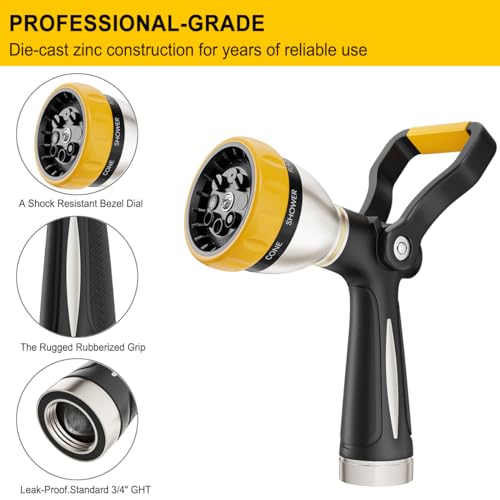 FANHAO Heavy Duty Fireman's Hose Nozzle, Metal Water Nozzle with 8 Spray Patterns, High Pressure Garden Hose Sprayer with Lever Control and Non-Slip Grip to Water Plants & Lawns, Wash Cars & Clean - Image 4