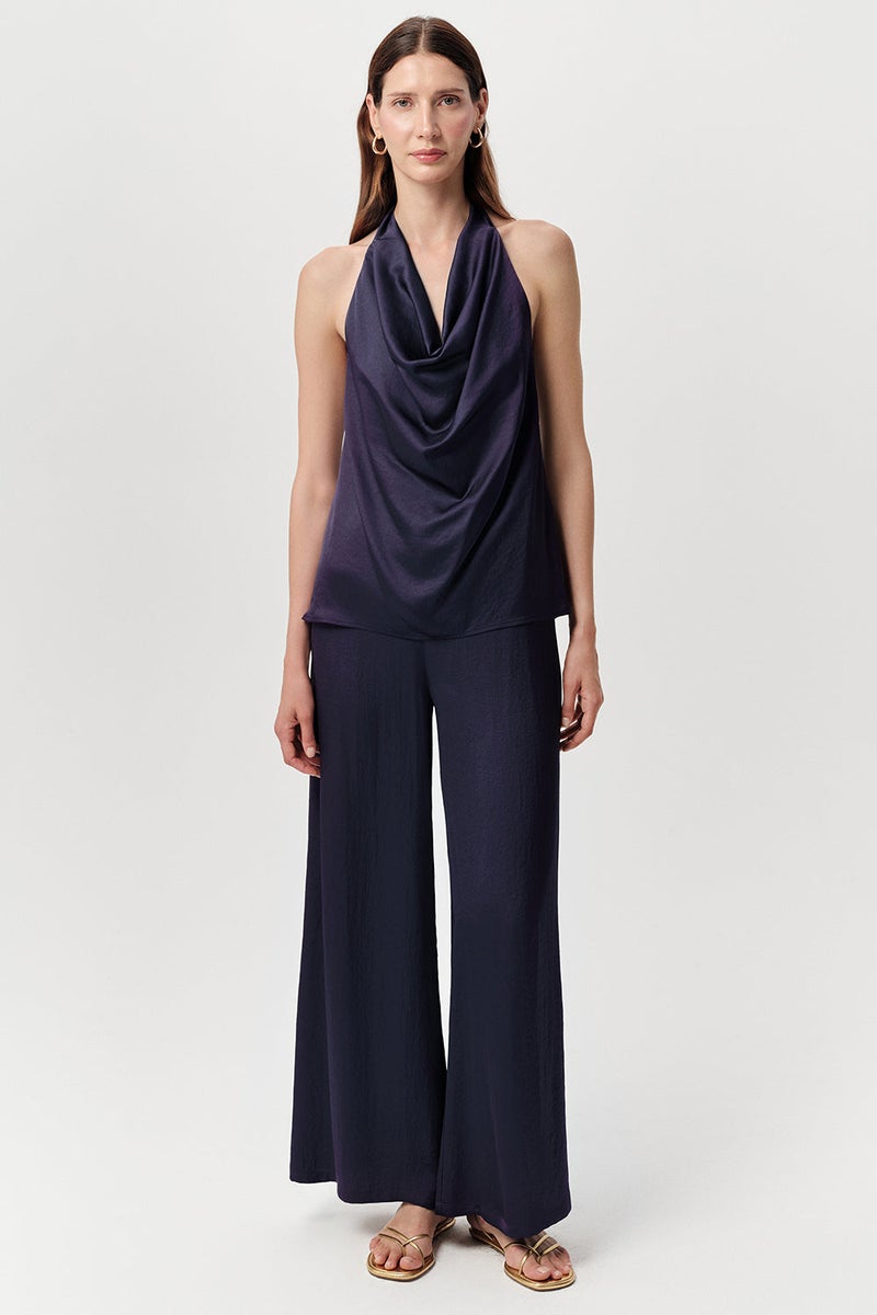 EXQUISE Off-the-Neck, Tie-Hat Neck, Regular Satin Navy Blouse - Image 5