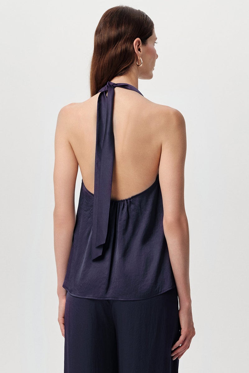 EXQUISE Off-the-Neck, Tie-Hat Neck, Regular Satin Navy Blouse - Image 3