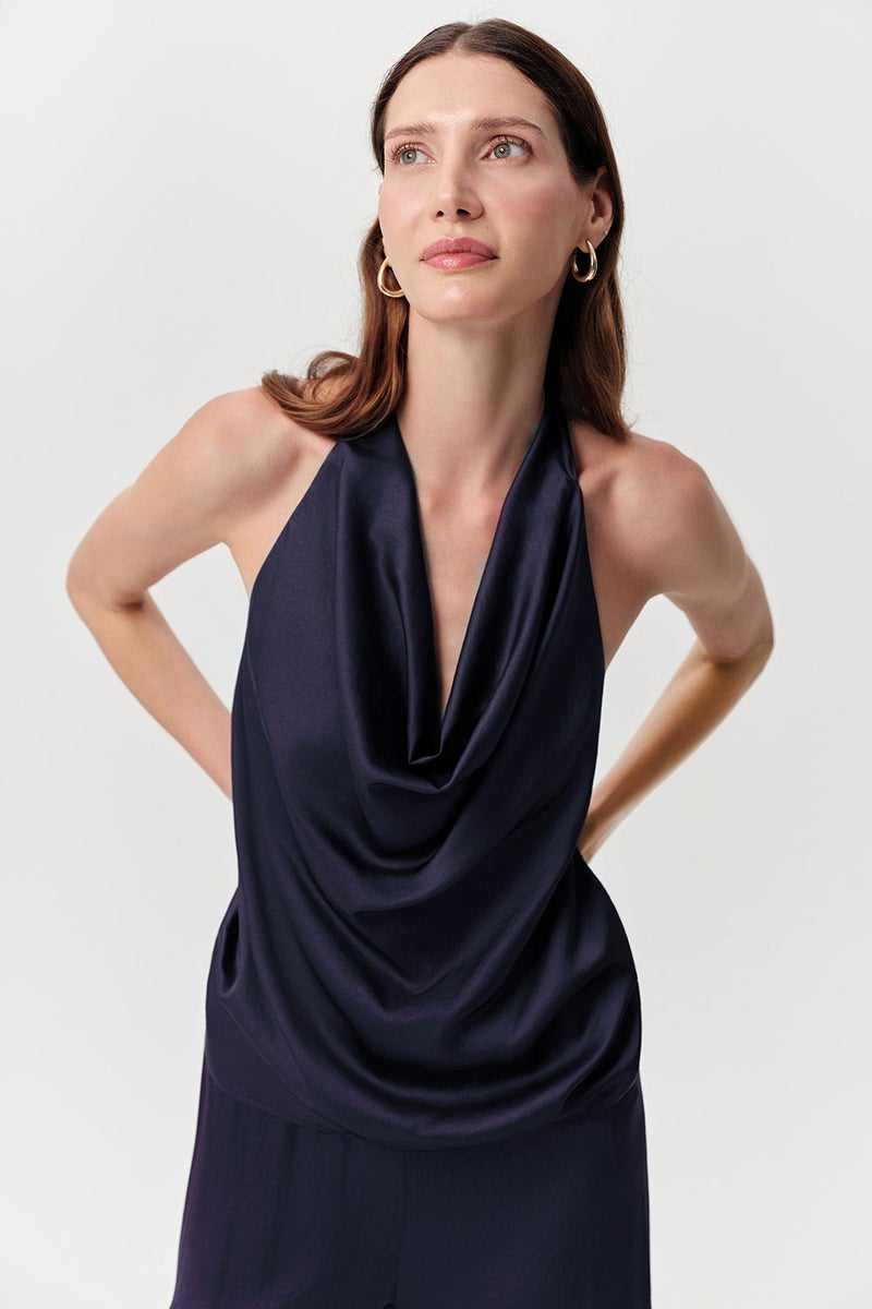 EXQUISE Off-the-Neck, Tie-Hat Neck, Regular Satin Navy Blouse - Image 2