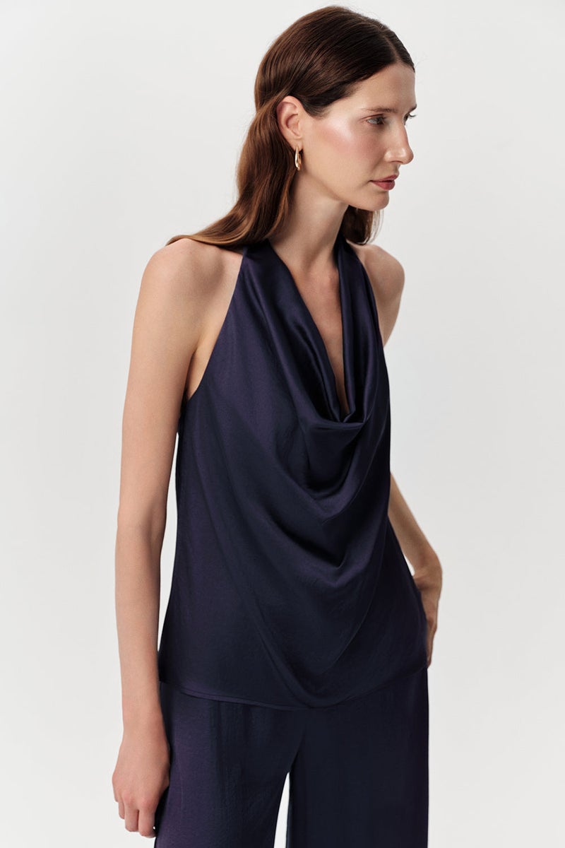 EXQUISE Off-the-Neck, Tie-Hat Neck, Regular Satin Navy Blouse - Image 4