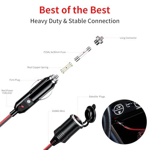 KEWIG 12/24V Car Cigarette Lighter Extension Cord - 26FT Cigarette Lighter Plug Cable- 16AWG Heavy Duty Extension Cable with 15A Fuse and LED Indicator - Image 3