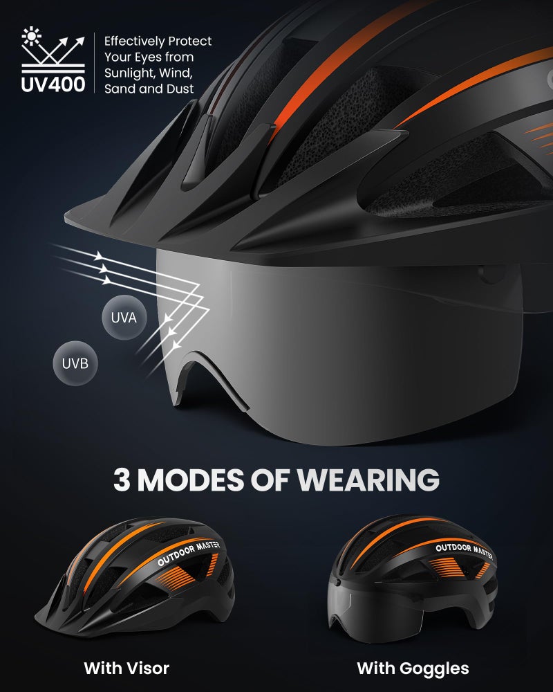 OutdoorMaster Helmets for Adults - Mountain & Road Bike Helmet with Rechargeable Safety Light, Detachable Goggles and Sun Visor - Easy to Adjust, Breathable, Lightweight - Matte Black, Large - Image 3