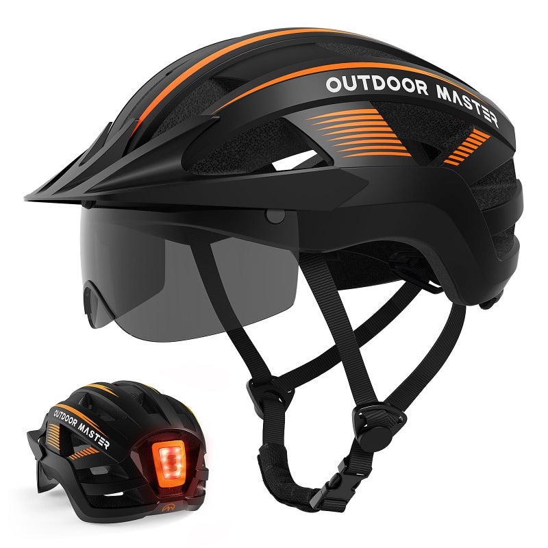 OutdoorMaster Helmets for Adults - Mountain & Road Bike Helmet with Rechargeable Safety Light, Detachable Goggles and Sun Visor - Easy to Adjust, Breathable, Lightweight - Matte Black, Large - Image 1