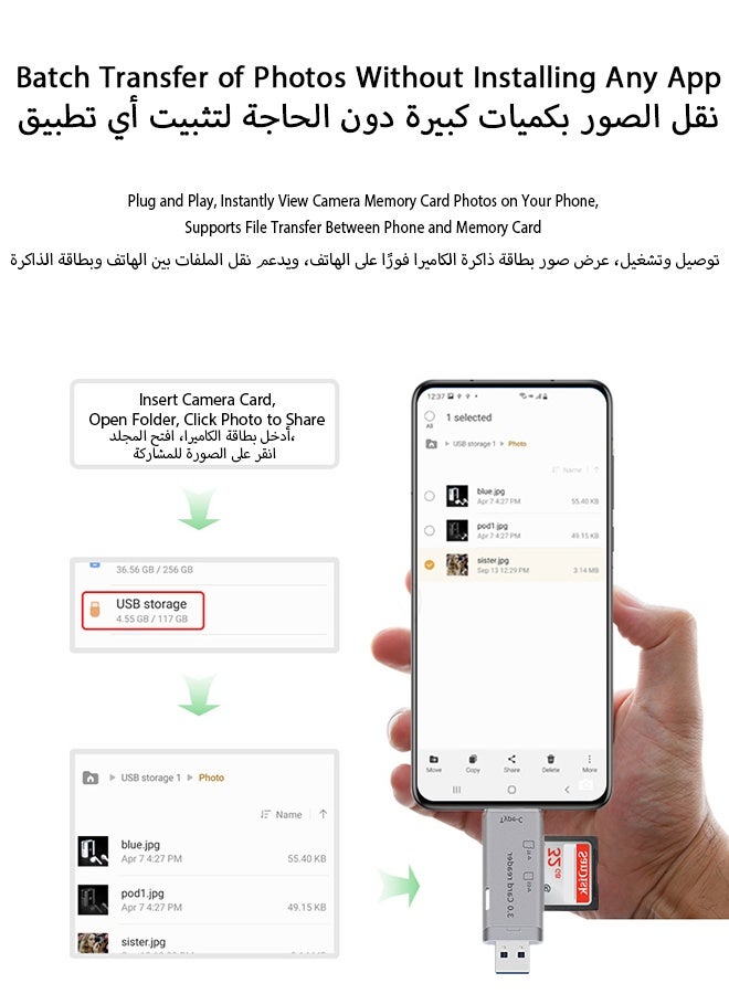 العلامة التجارية: جيسودا قارئ بطاقات SD/TF بمنفذي USB 3.0 وUSB-C، بفتحتين، سرعة عالية 120MB/s، متوافق مع سعة 512 جيجابايت، يعمل فور التوصيل، لأجهزة MacBook وWindows وiPhone 15/16 وAndroid والكاميرات - Image 4