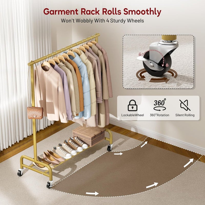 Sleeping Lamb Heavy Duty Clothes Racks for Hanging Clothing Rack, 43" Wide Rolling Garment Rack Metal Wardrobe Rack with Wheels Closet Hanger Rack for Coats, Shirts, Dress (Gold) - Image 4
