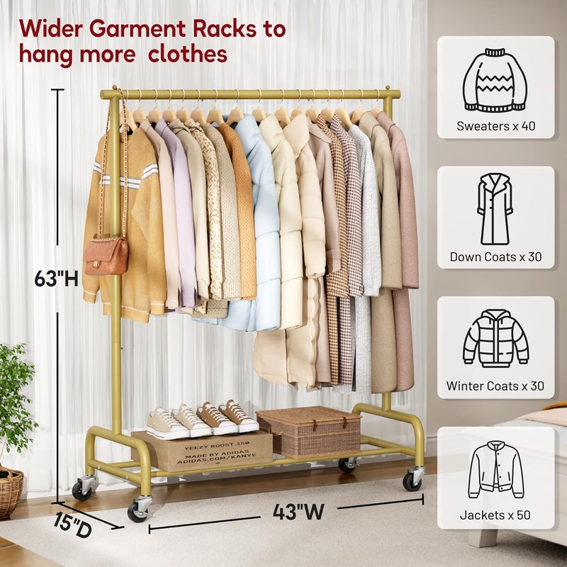 Sleeping Lamb Heavy Duty Clothes Racks for Hanging Clothing Rack, 43" Wide Rolling Garment Rack Metal Wardrobe Rack with Wheels Closet Hanger Rack for Coats, Shirts, Dress (Gold) - Image 2