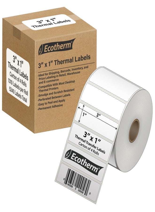 Ecotherm ملصقات حرارية 3 بوصات × 1 بوصة | 4 لفات | 5240 ملصقًا | متوافقة مع طابعات الملصقات الحرارية من زيبرا، مونبين، رولو، جودكس، أركسكان، آي دي بي آر تي، أوفنوفا وغيرها | ملصقات لاصقة بيضاء فارغة من إيكوثيرم - Image 1