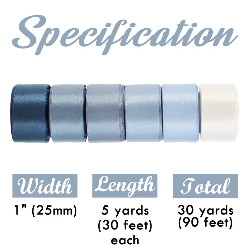 HUIHUANG Dusty Blue Ribbon Set Double-Faced Satin Ribbon 1 inch Dusty Blue Wedding Ribbons for Flower Bouquet Wedding Bridal Shower Baby Shower Decor Hairs Gift Wrap Crafts- 6 Color X 5 Yards Each - Image 2