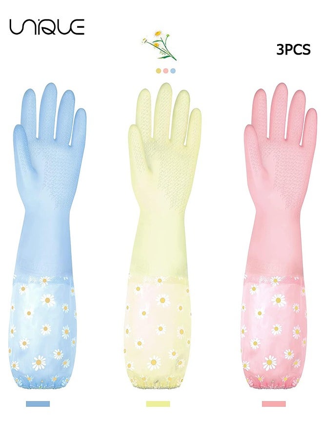 Unique Dishwashing Cleaning Gloves 3 Pairs-Reusable Rubber Gloves Non-Slip Laundry Kitchen Gardening Household Gloves, for Kitchen Cleaning Pet Care and more (Long Cuff)  - Image 1