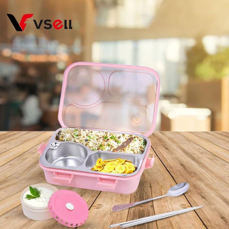 VSELL 3 Compartment Stainless Steel Lunch Box with Soup Bowl Utensils Ideal for Kids School Office EcoFriendly Tiffin Box for Balanced Meals for Men and Women Pink 3 comaprtment - Image 2