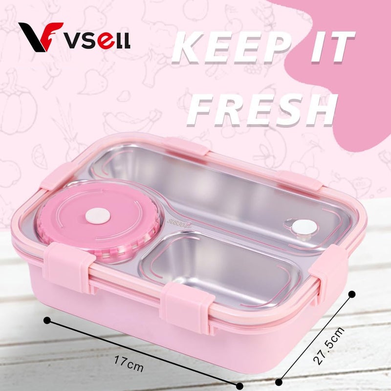 VSELL 3 Compartment Stainless Steel Lunch Box with Soup Bowl Utensils Ideal for Kids School Office EcoFriendly Tiffin Box for Balanced Meals for Men and Women Pink 3 comaprtment - Image 4