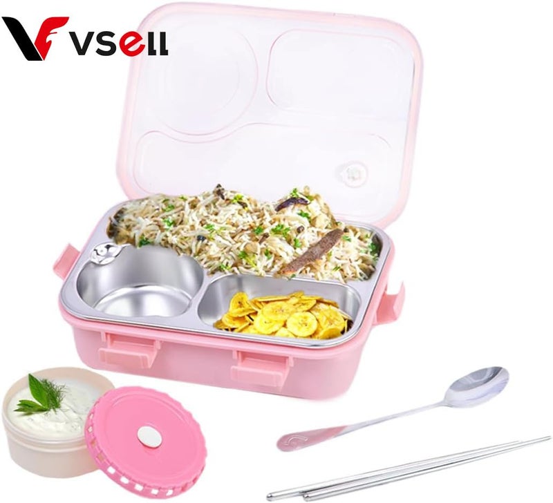 VSELL 3 Compartment Stainless Steel Lunch Box with Soup Bowl Utensils Ideal for Kids School Office EcoFriendly Tiffin Box for Balanced Meals for Men and Women Pink 3 comaprtment - Image 5