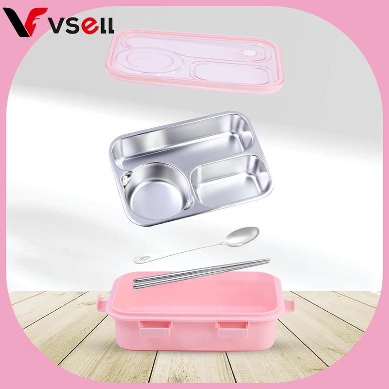 VSELL 3 Compartment Stainless Steel Lunch Box with Soup Bowl Utensils Ideal for Kids School Office EcoFriendly Tiffin Box for Balanced Meals for Men and Women Pink 3 comaprtment - Image 3