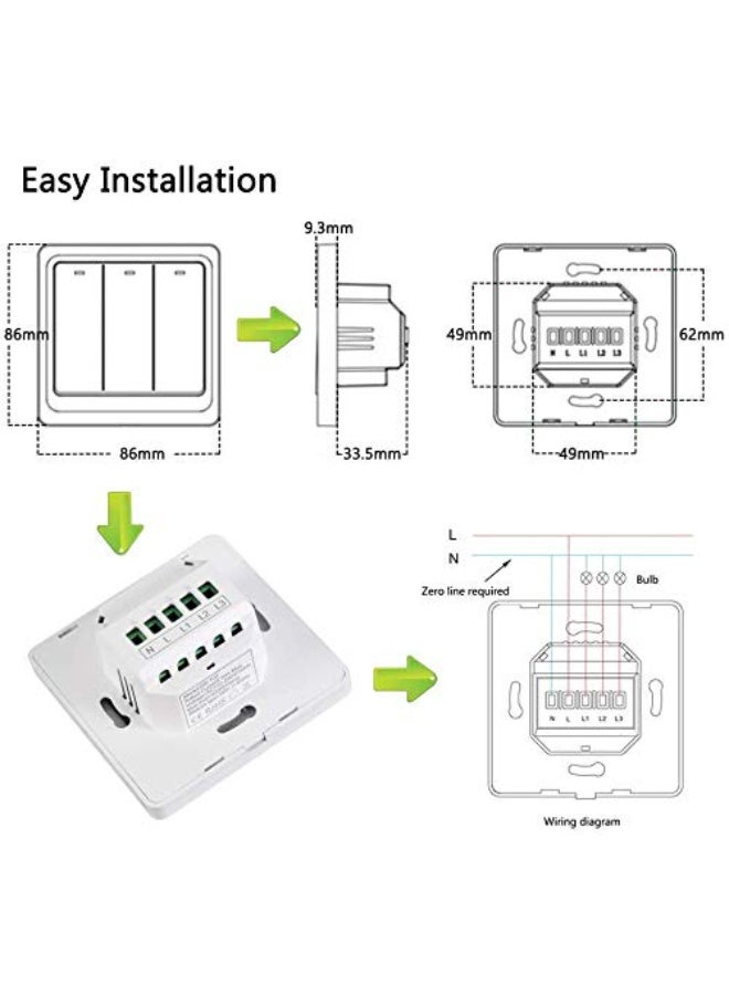 Tichondrius WiFi Smart Light Switch, Wireless Smart Wall Switch with Remote Control and Timer, Compatible with Alexa, Easy Installation, Neutral Wire Required (3 Gang Switch) - White - Image 2