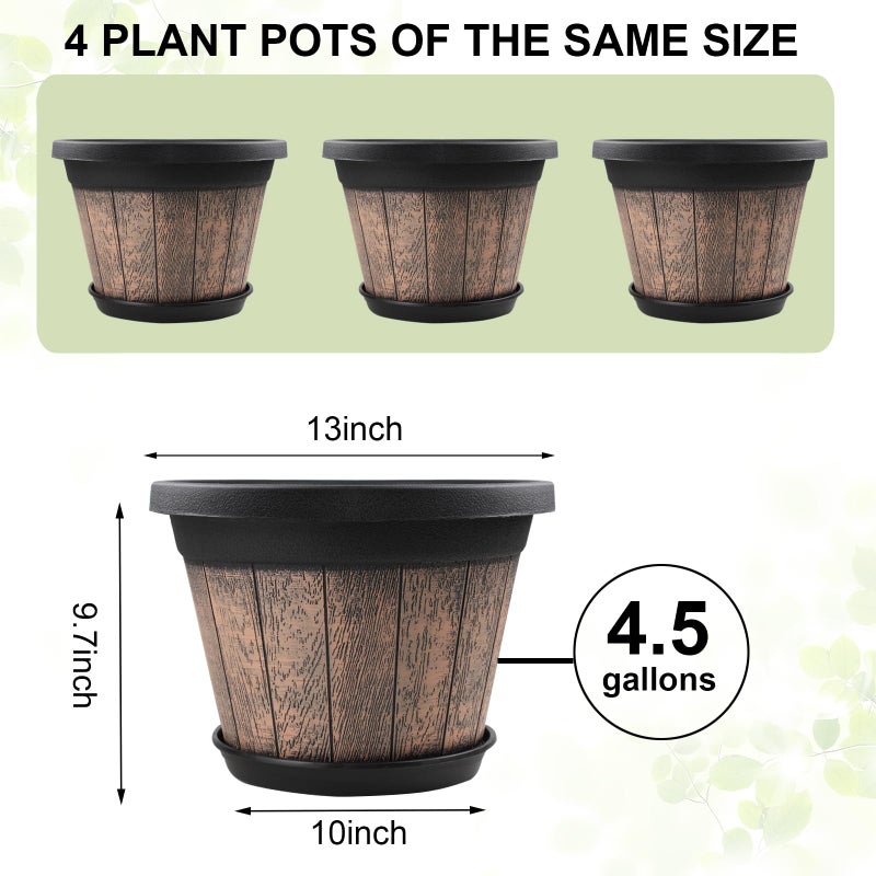 Quarut Large Plastic Plant Pots Set of 4 Pack13 inch,Whiskey Barrel Planters with Drainage Holes & Saucer.Flower Pots Imitation Wine Barrel Design for Indoor & Outdoor Garden Balcony Plants (Brown) - Image 2