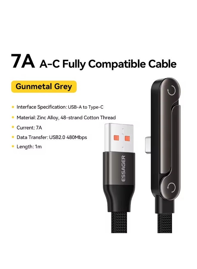 Essager 7A Elbowed USB-A to Type-C Cable, 1m, Gunmetal Grey, USB 2.0 480Mbps Data Transfer, Compatible with iPhone, MacBook, Huawei, iPad