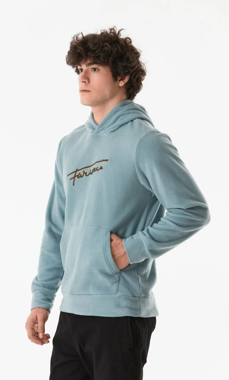 FullaModa Letter Embroidered Kangaroo Pocket Hooded Polar Fleece Sweatshirt