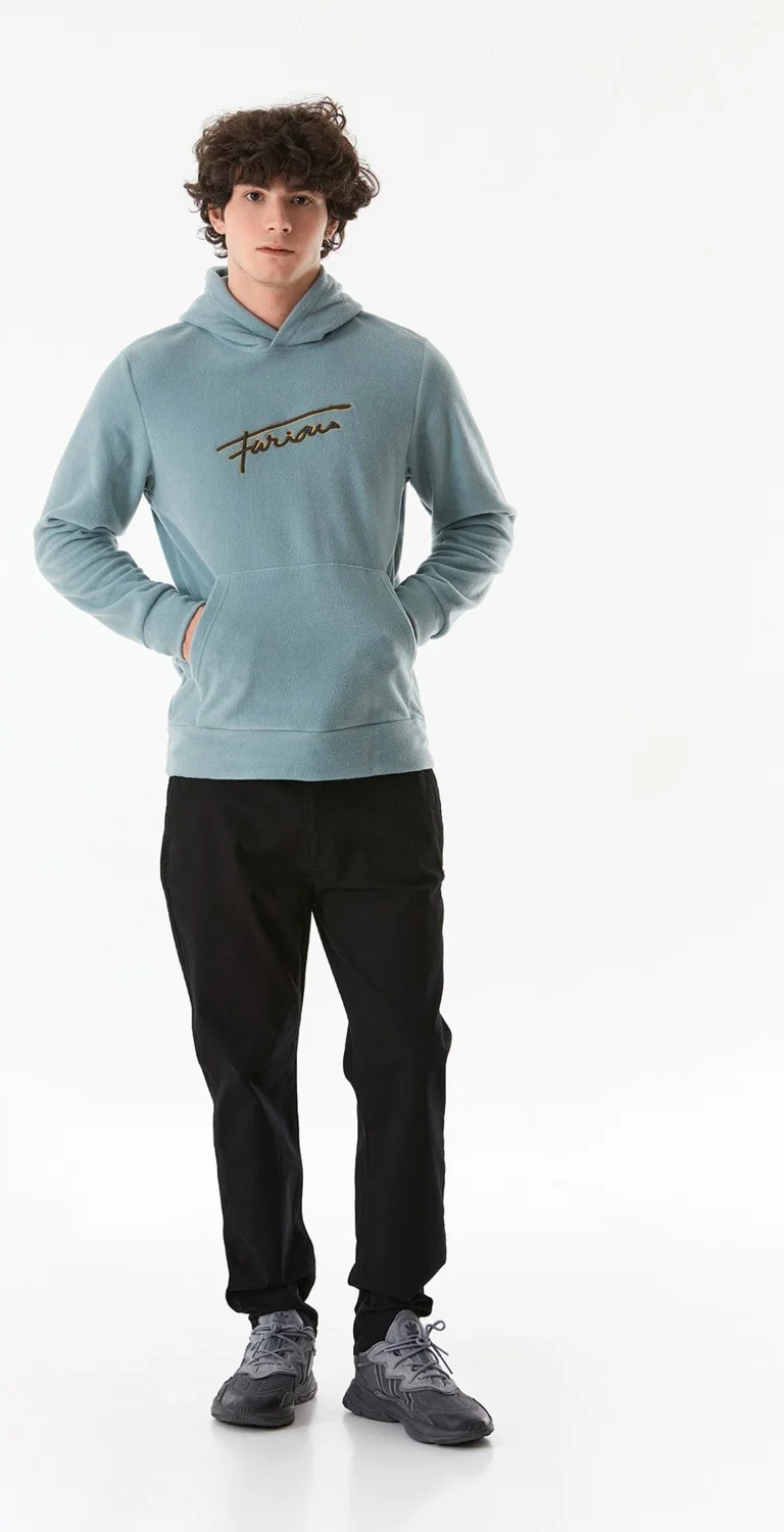 FullaModa Letter Embroidered Kangaroo Pocket Hooded Polar Fleece Sweatshirt
