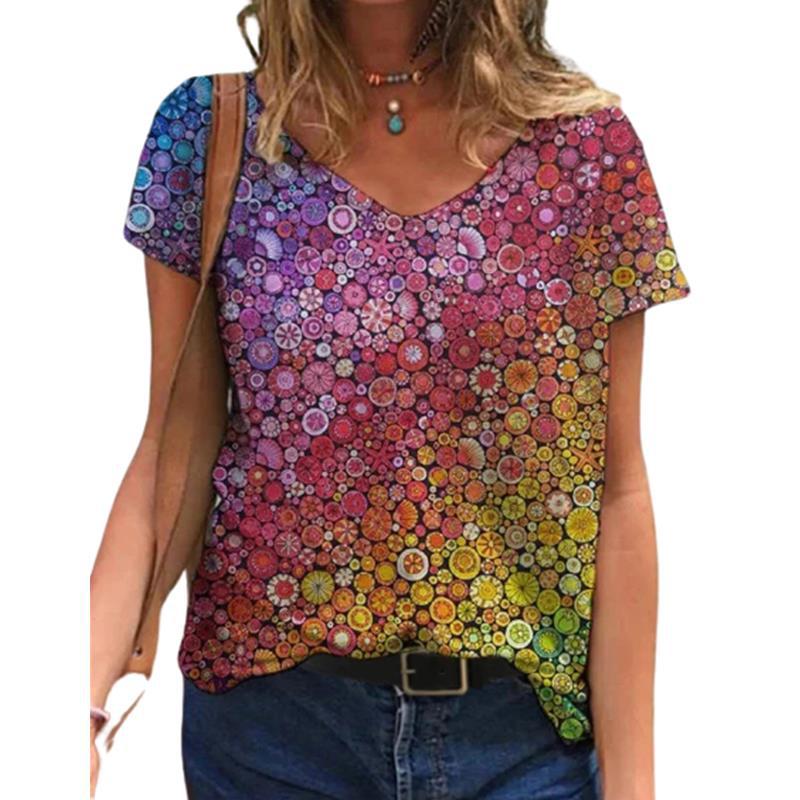 2021 New Summer Popular Floral Printing T-Shirt Women'S Short Sleeve V-Neck T-Shirt - Image 1