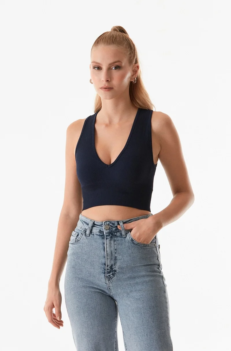 FullaModa Ribbed V Neck Crop Bodysuit