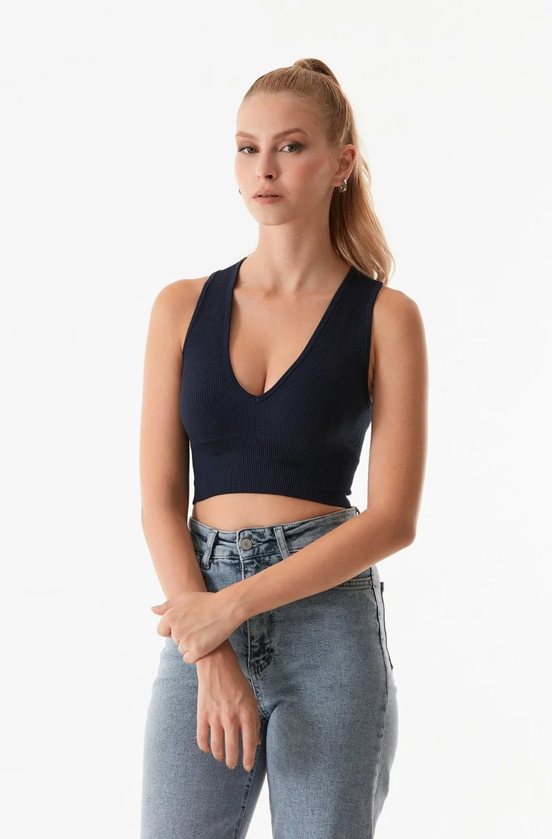 FullaModa Ribbed V Neck Crop Bodysuit