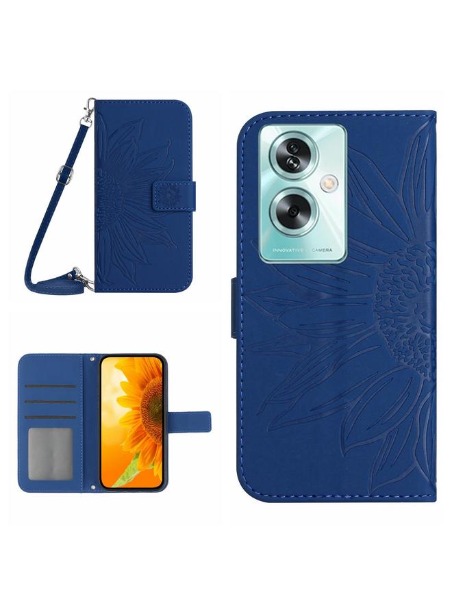 Green Tiger For OPPO Reno11 F 5G/F25 Pro 5G Skin Feel Sun Flower Embossed Flip Leather Phone Case with Lanyard(Dark Blue)