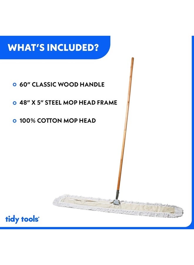 Tidy Tools - Commercial Dust Mop & Floor Sweeper, 48 in. Dust Mop for Hardwood Floors, Cotton Reusable Dust Mop Head, Wooden Broom Handle, Industrial Dry Mop for Floor Cleaning & Janitorial Supplies - Image 1