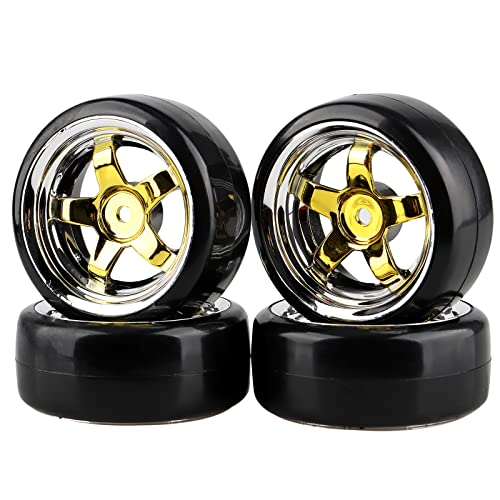 Shaluoman Plating 5Spoke 12mm Hub Wheel Rims with Hard Plastic Tires for RC 110 Drift Car Gold - Image 1