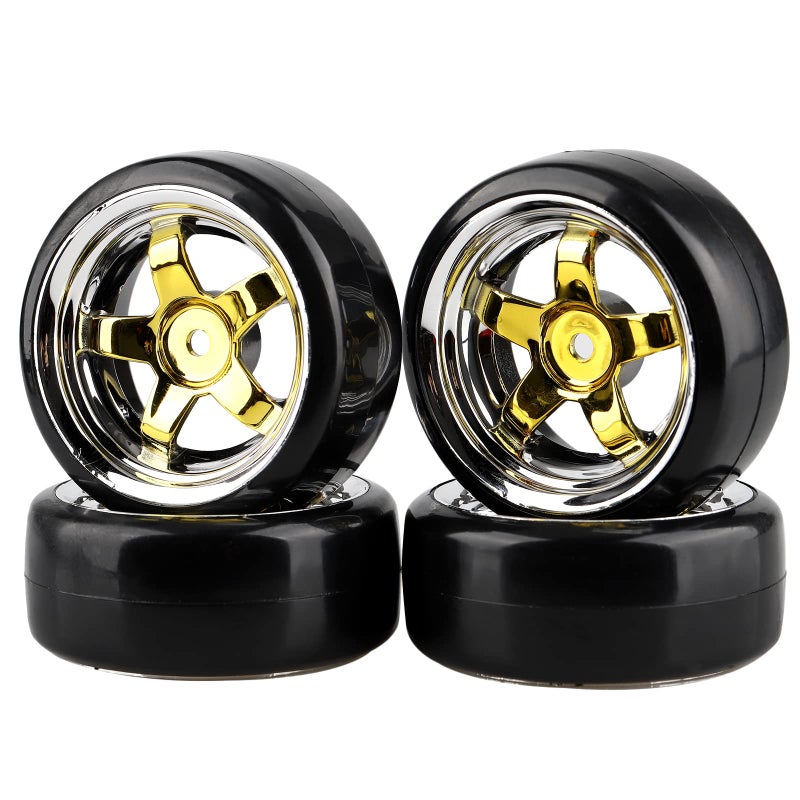 Shaluoman Plating 5Spoke 12mm Hub Wheel Rims with Hard Plastic Tires for RC 110 Drift Car Gold - Image 2