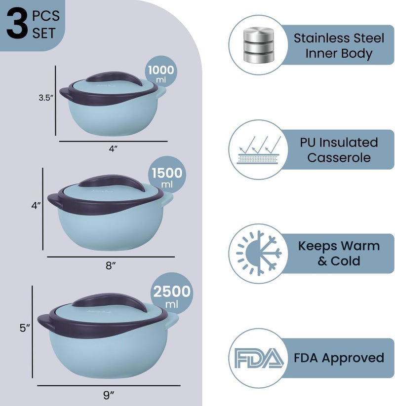 PINNACLE طقم طبق كاسرول معزول مع غطاء 3 قطع 26151 كيو تي حافظة طعام ساخن وبارد وعاء شوربة وسلطة من الفولاذ المقاوم للصدأ أفضل مجموعة هدايا للأمهات في العطلات - Image 2