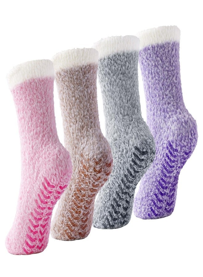 yafeite Fuzzy Socks for Women with Grippers - Slipper Socks Grippy, Cozy Non-Slip Socks for Women, Warm Winter Comfy Fluffy Sleep House Sock s 4 Pairs - Image 1