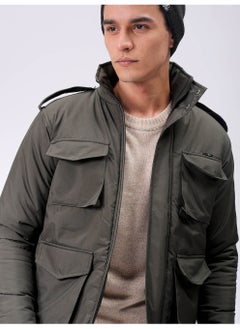 The Indian Garage Co Mens Olive Slim Fit Utility Hooded Zipper Placket Flap Pocket Winter Jacket  - Image 1